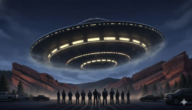 Illustration of a massive metallic disc-shaped UAP with three levels of illuminated windows hovering over the hogback ridge near Red Rocks Amphitheatre, Colorado.