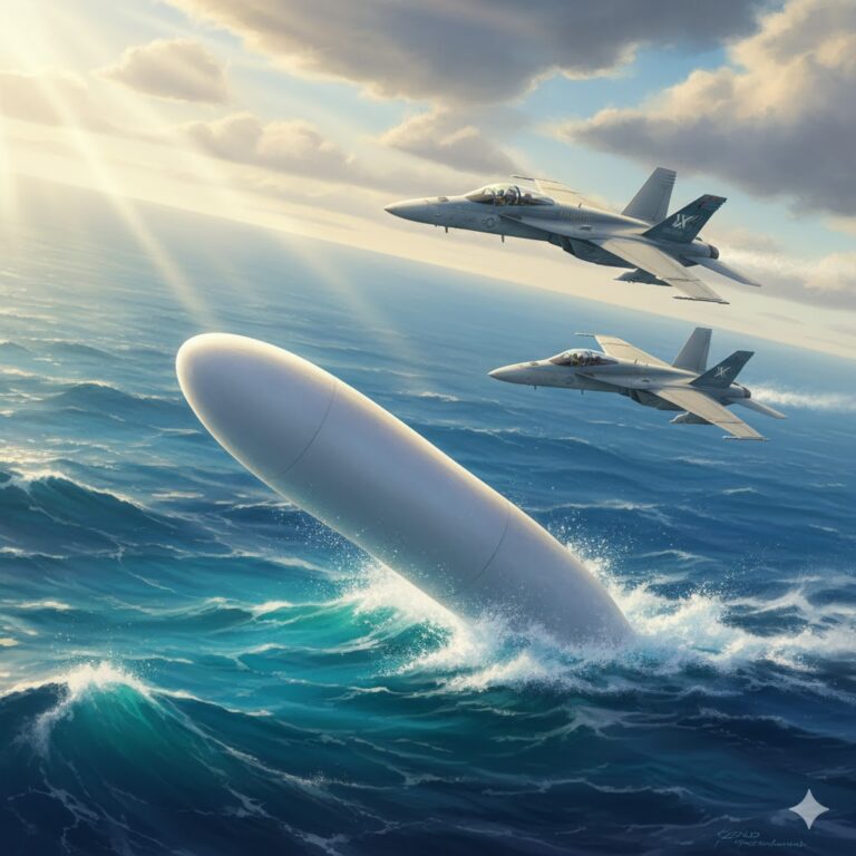 Illustration of a white, oblong Tic Tac-shaped UAP hovering over a churning ocean as two Navy F/A-18 Super Hornet jets observe from a distance.