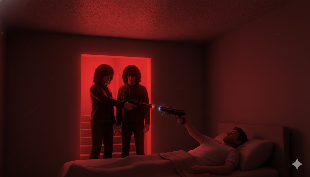 Illustration of a glowing bedroom portal and two humanoid men in leather jackets as reported in Keswick, Ontario, 2013.