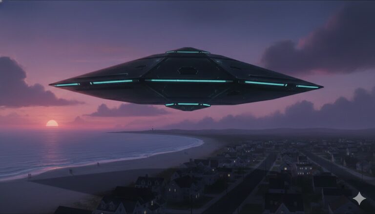 Diamond-shaped UAP craft hovering over a coastal town at sunset, representing June 2023 sightings.