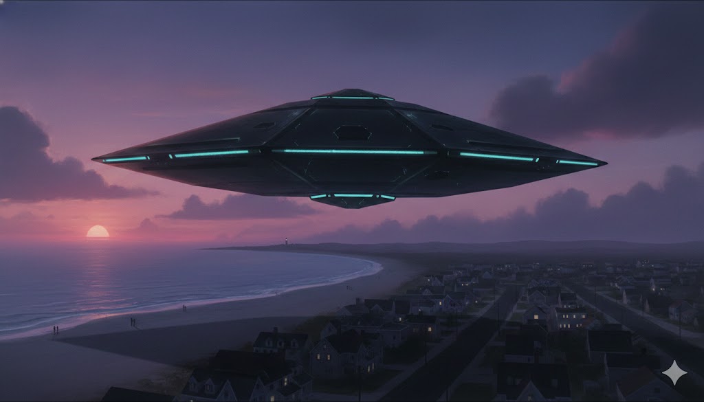 Diamond-shaped UAP craft hovering over a coastal town at sunset, representing June 2023 sightings.