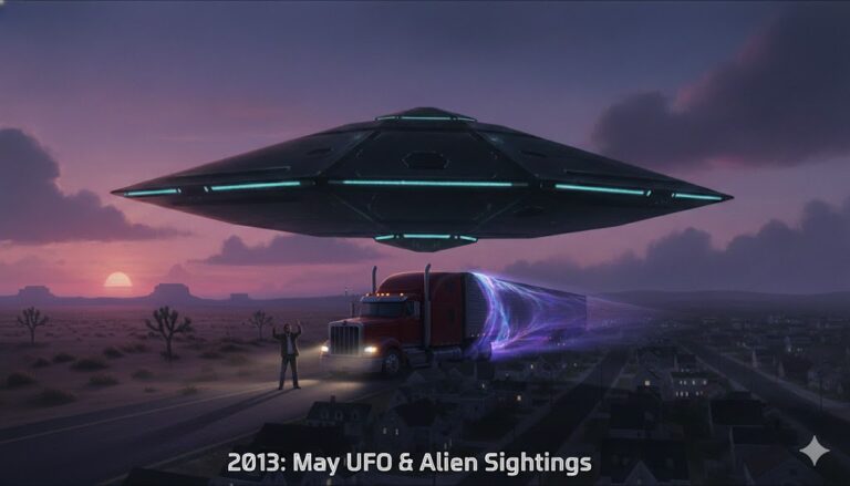 Diamond-shaped UAP craft hovering over a highway with a red semi-truck, representing May 2013 New Mexico sightings.