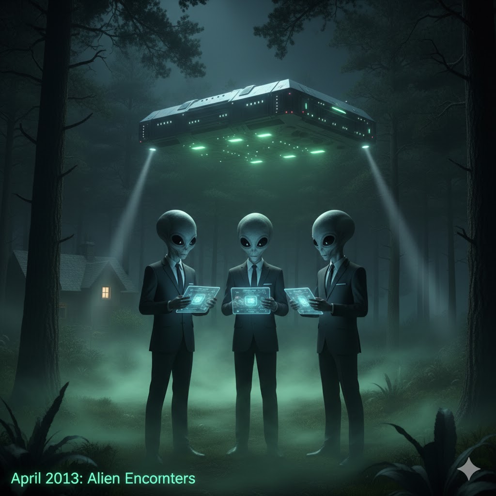 Three grey aliens in business suits standing in a foggy forest beneath a hovering rectangular UAP craft, April 2013.