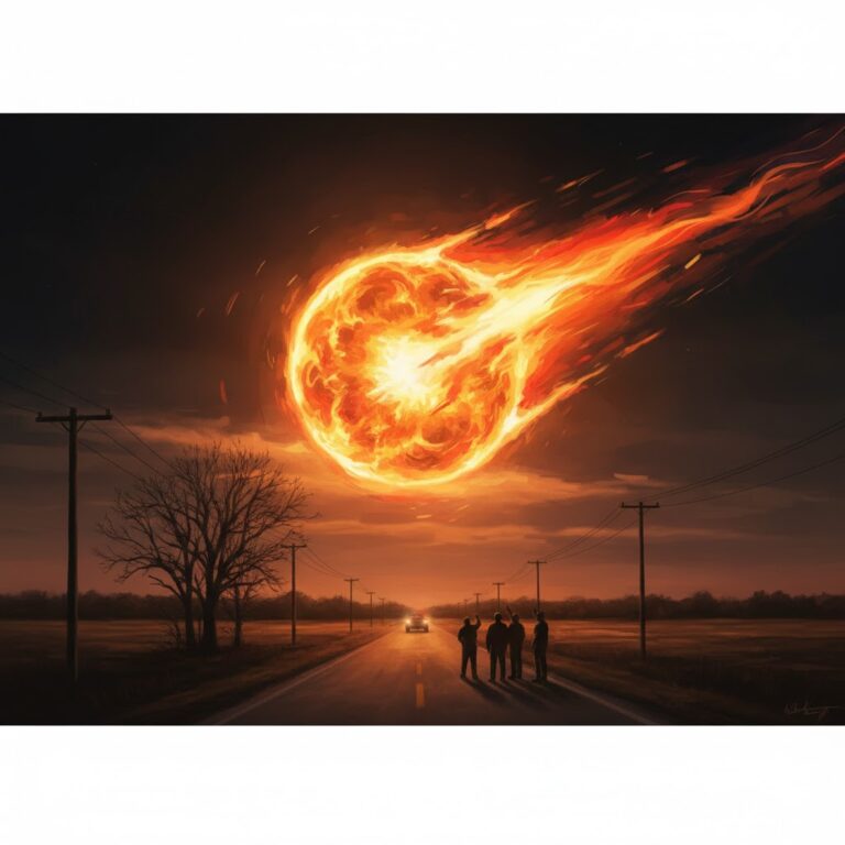 Artistic rendering of a glowing orange UAP fireball over a desert highway, representing the March 2013 Texas sightings.