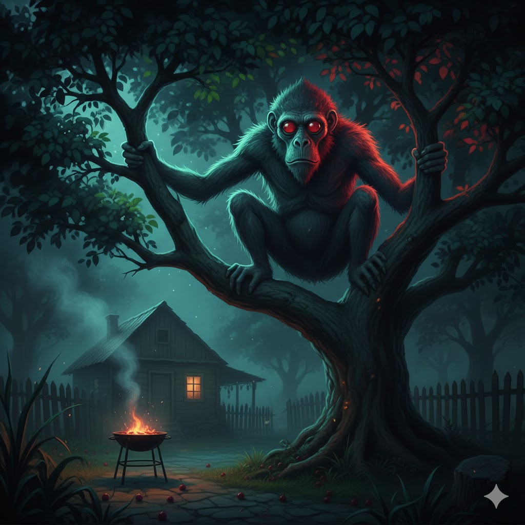 Artistic rendering of a glowing simian-like alien entity with red eyes in a tree, representing the February 2013 Chile sightings.