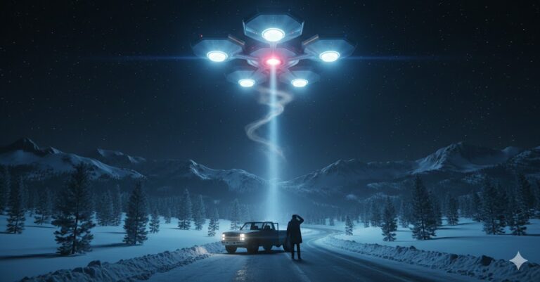 Hexagonal UFO sighting over snowy mountains December 2004