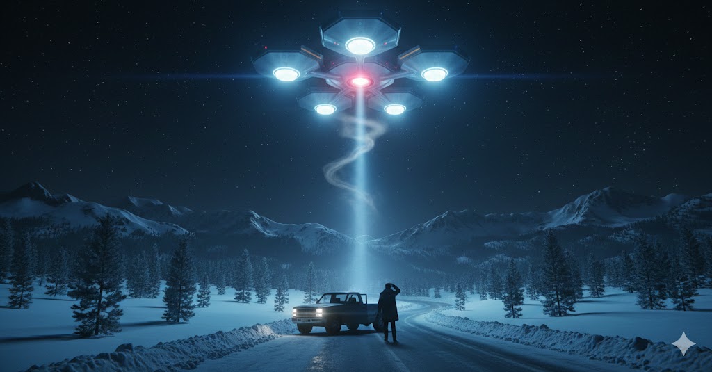 Hexagonal UFO sighting over snowy mountains December 2004