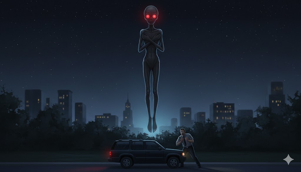 Illustration of a tall, thin entity with glowing red eyes floating near a witness in Washington D.C., December 2004.