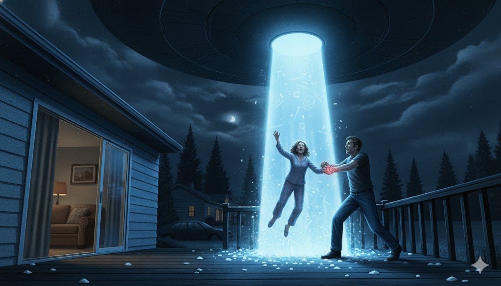 Illustration of a pale blue square tractor beam lifting a witness during the December 2004 Billerica, MA abduction encounter.